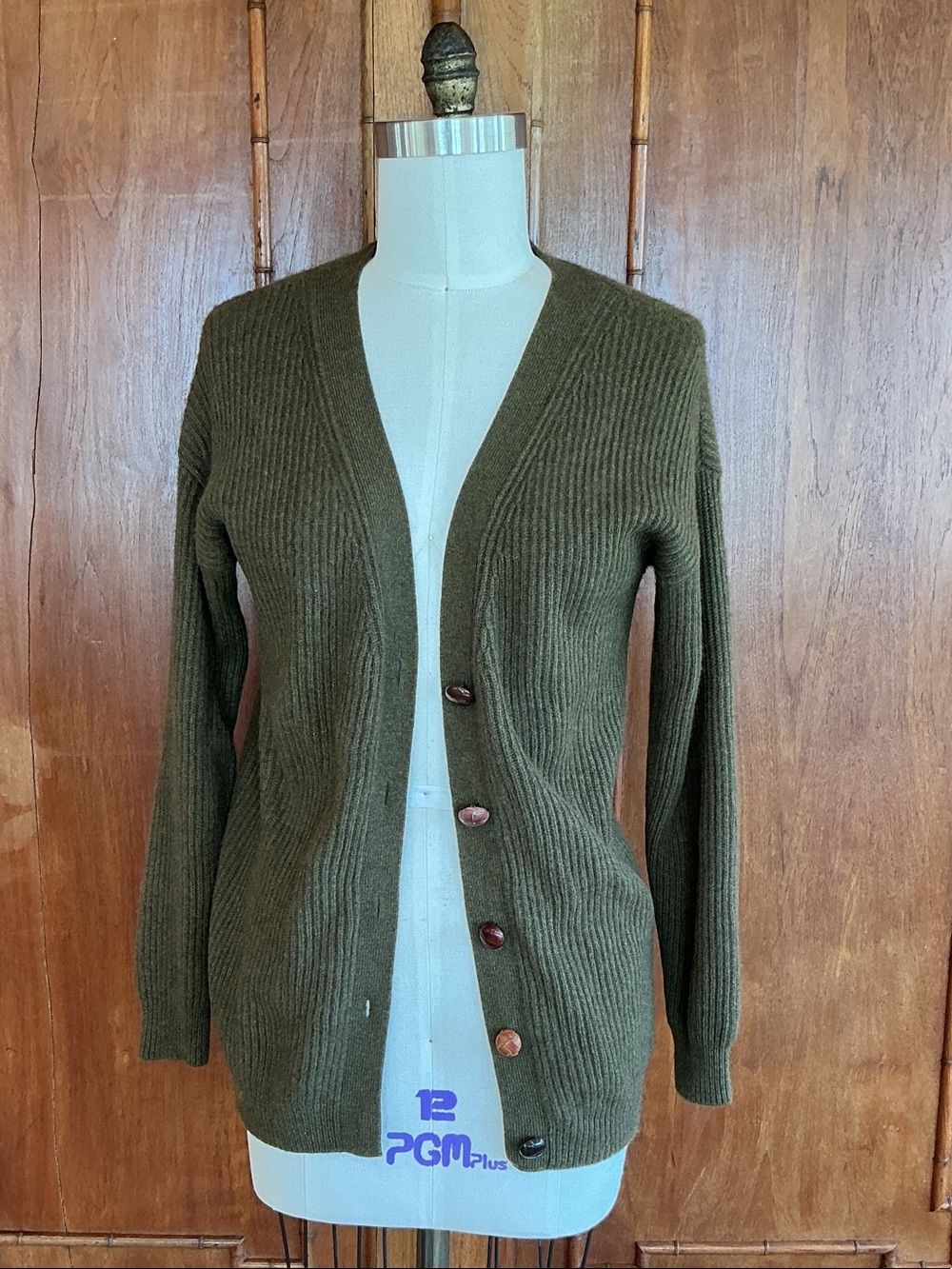100% Cashmere Olive Green Button-Front Ribbed Women's Cardigan Garnet Hill